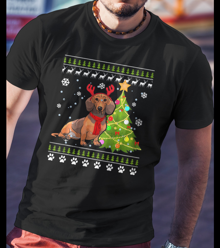 Dachshund Ugly Christmas Reindeer Antlers Christmas Tree Snowflakes T-Shirt