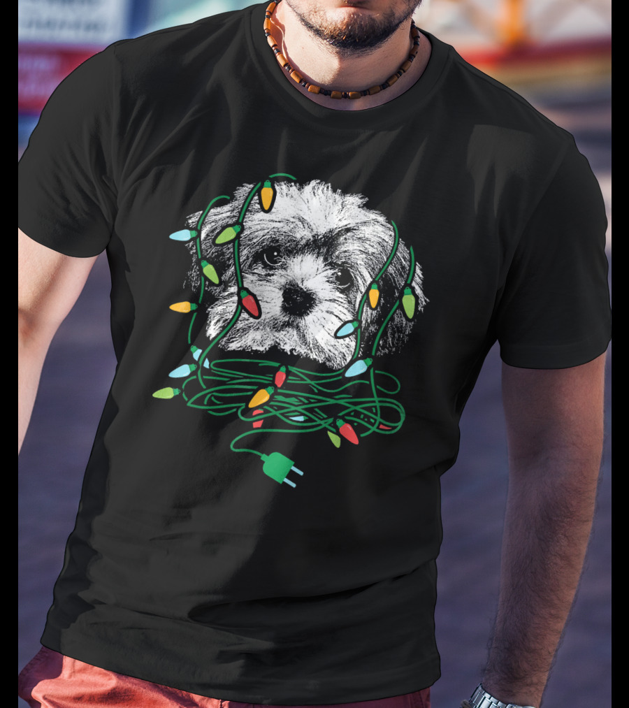 Havanese Puppy Tangled In Colorful Christmas Lights T-Shirt