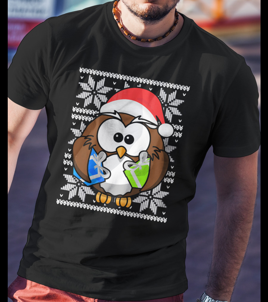 UGLY CHRISTMAS Holiday Owl With Santa Hat And Gifts T-Shirt