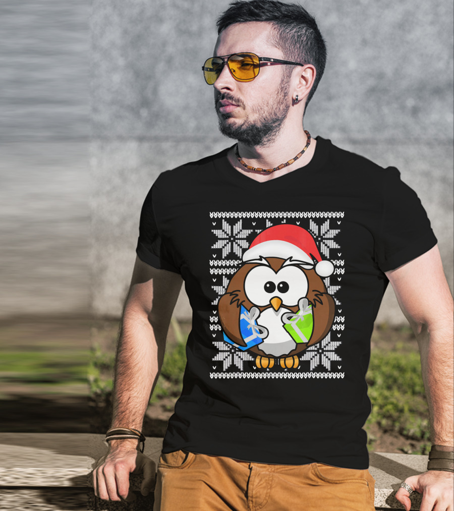 UGLY CHRISTMAS Holiday Owl With Santa Hat And Gifts T-Shirt