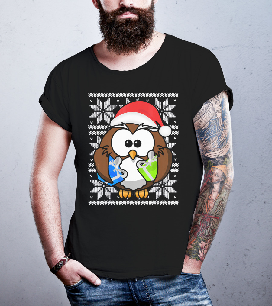 UGLY CHRISTMAS Holiday Owl With Santa Hat And Gifts T-Shirt