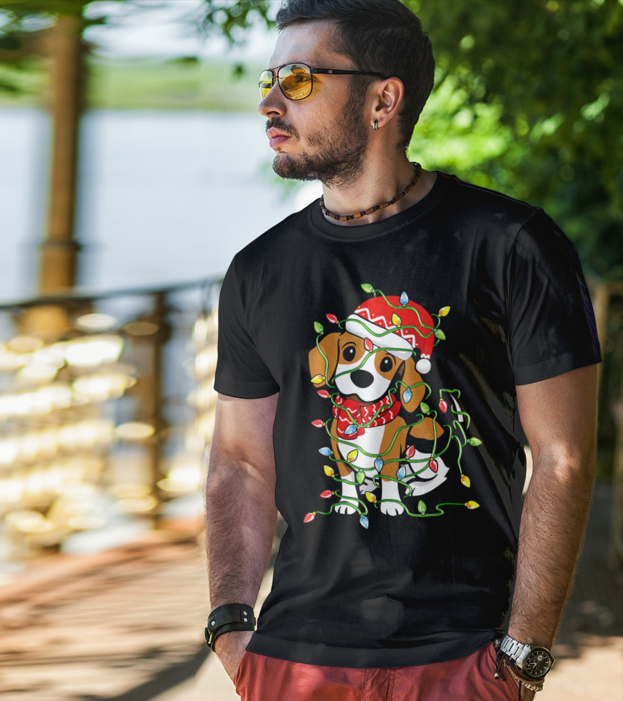 Beagle Wrapped In Christmas Lights Wearing Santa Hat T-Shirt