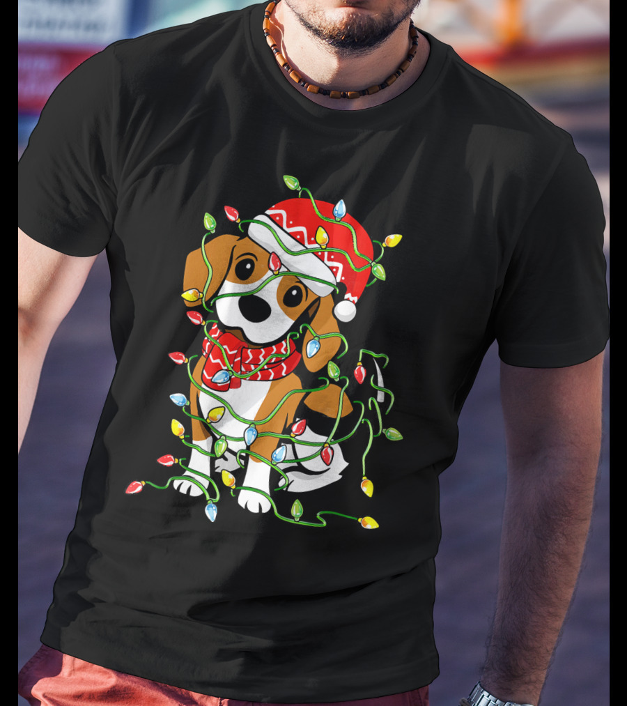 Beagle Wrapped In Christmas Lights Wearing Santa Hat T-Shirt