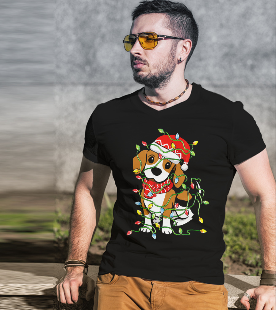 Beagle Wrapped In Christmas Lights Wearing Santa Hat T-Shirt