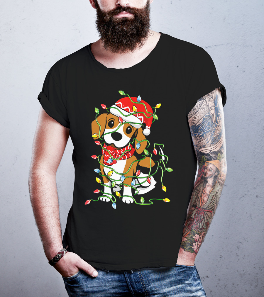 Beagle Wrapped In Christmas Lights Wearing Santa Hat T-Shirt