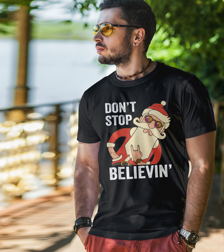Don't Stop Believin' Santa Rock Hand Gesture T-Shirt