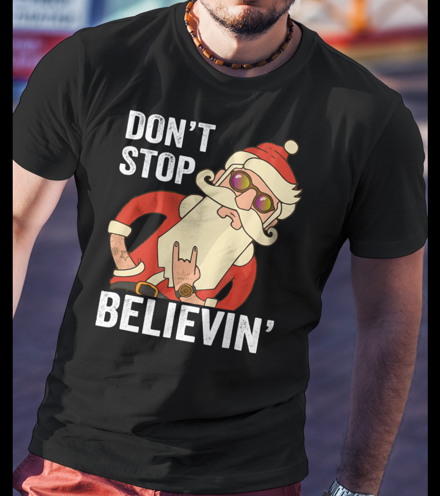 Don't Stop Believin' Santa Rock Hand Gesture T-Shirt