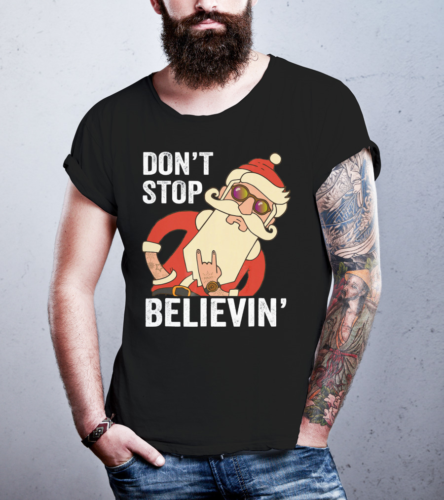 Don't Stop Believin' Santa Rock Hand Gesture T-Shirt