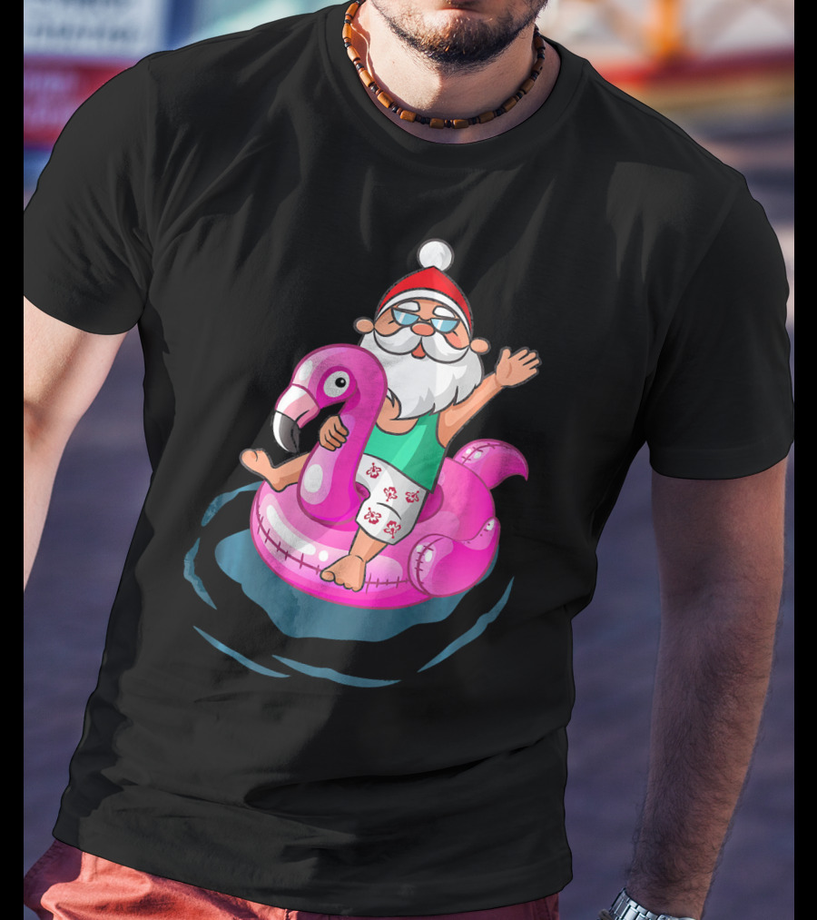 Christmas In July Santa Riding Flamingo Float In Hawaiian Shorts T-Shirt