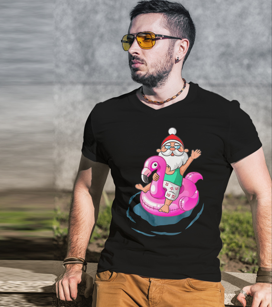 Christmas In July Santa Riding Flamingo Float In Hawaiian Shorts T-Shirt