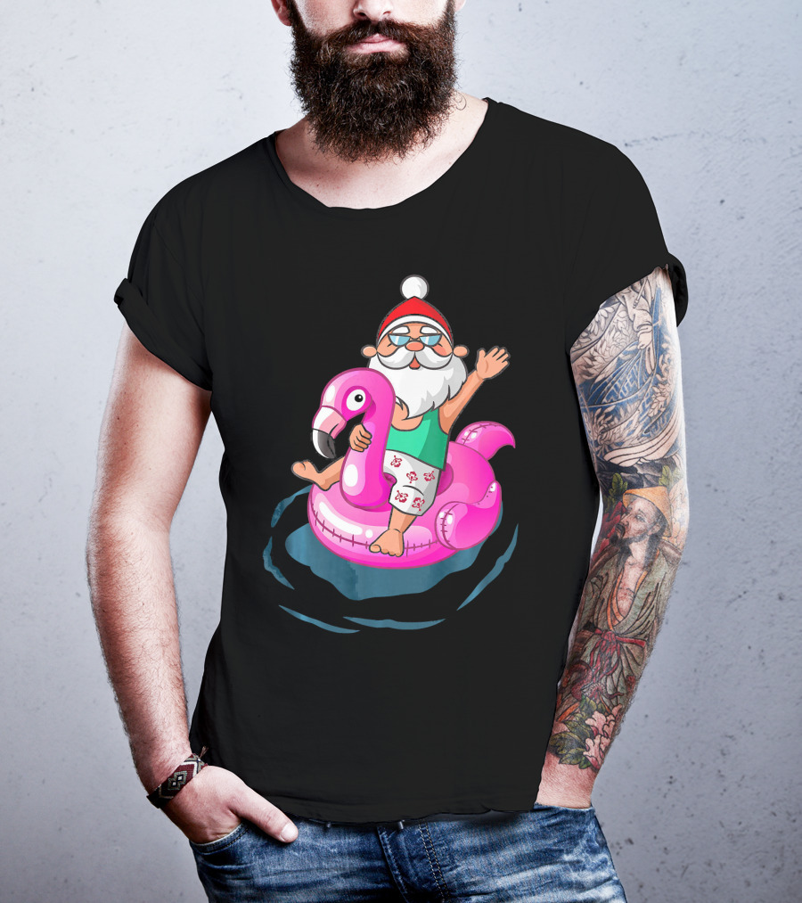 Christmas In July Santa Riding Flamingo Float In Hawaiian Shorts T-Shirt