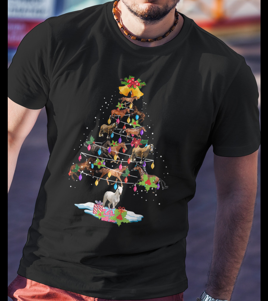 Horse Tree Christmas Candy Cane Ornament Holiday Lights T-Shirt