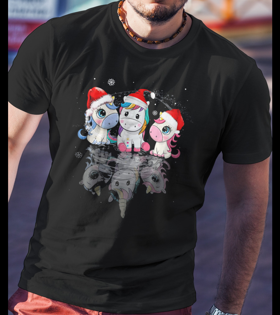 Christmas Santa Hat Funny Three Cute Unicorn Snowflakes T-Shirt