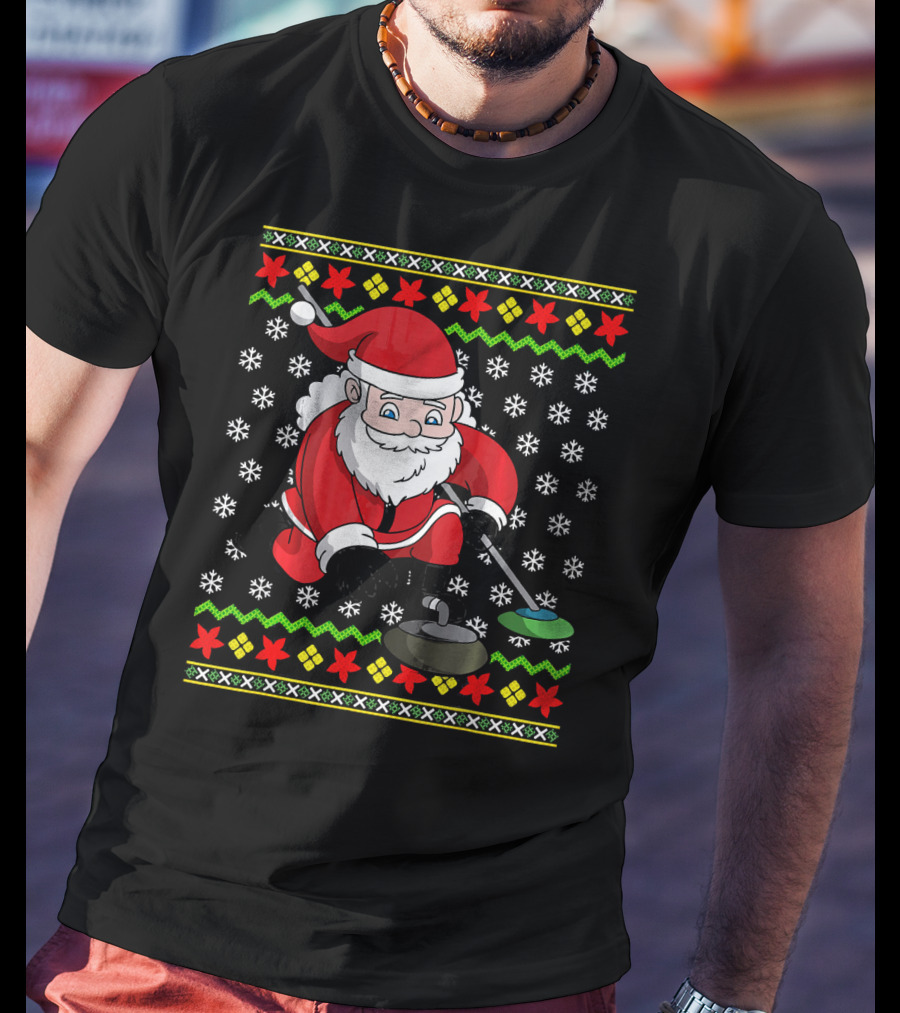 Santa Curling Ugly Christmas Sweater Snowflakes T-Shirt