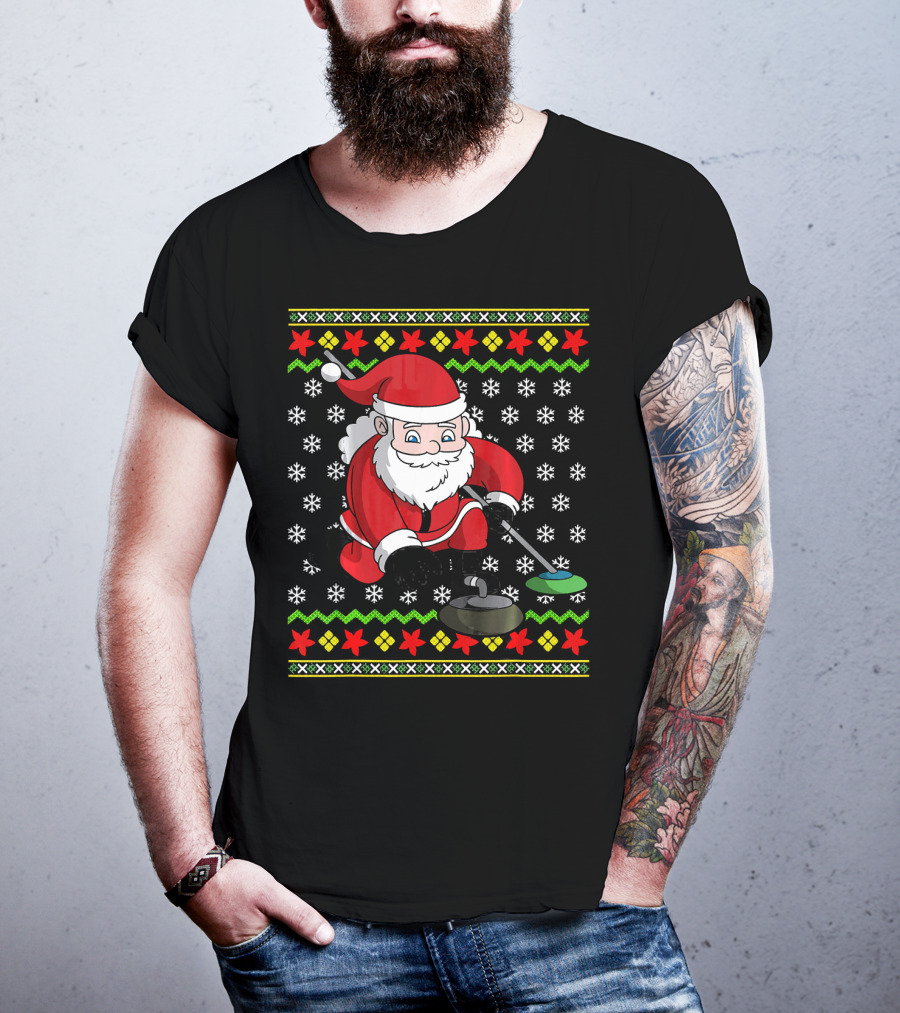 Santa Curling Ugly Christmas Sweater Snowflakes T-Shirt