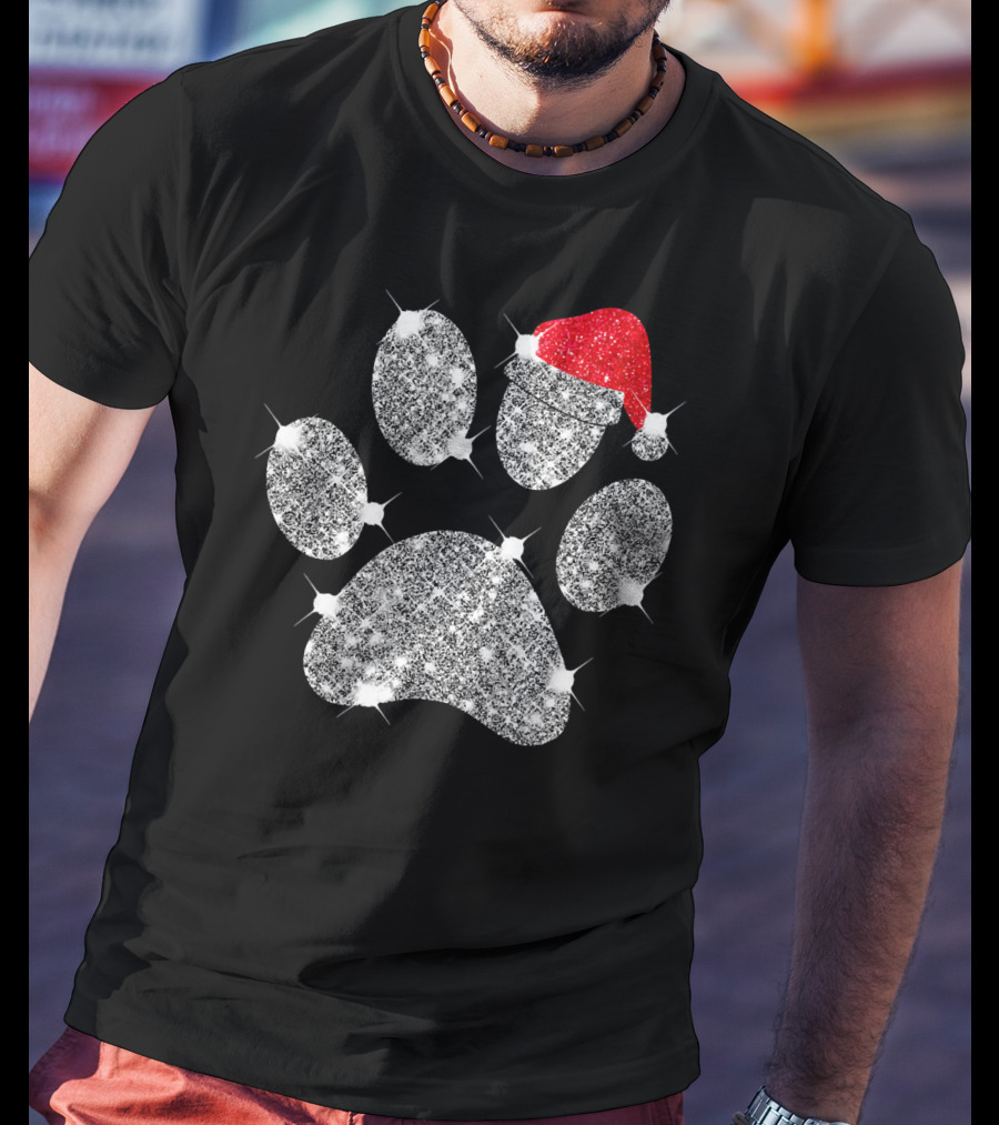 Merry Christmas Paw Santa Hat Sparkle T-Shirt