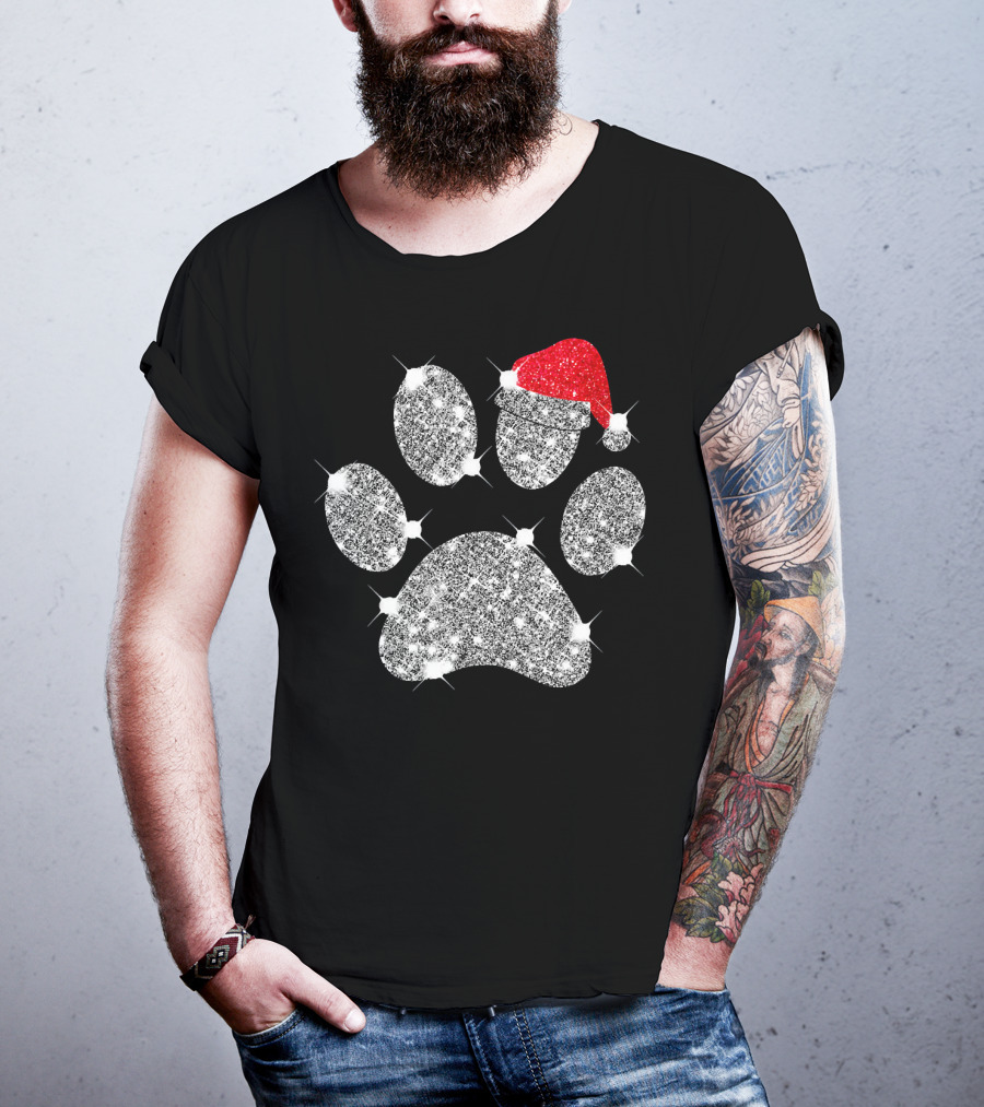 Merry Christmas Paw Santa Hat Sparkle T-Shirt