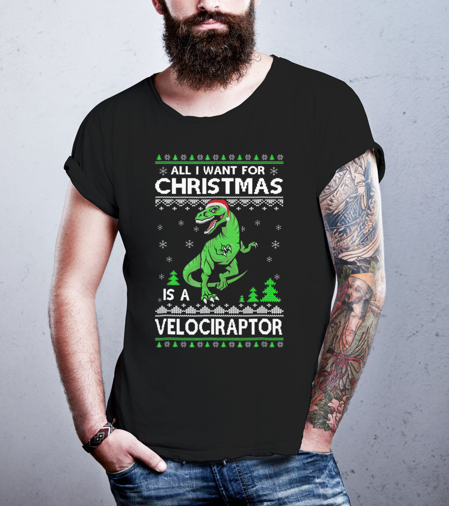 Funny Velociraptor Dinosaur Christmas All I Want Is A Velociraptor T-Shirt