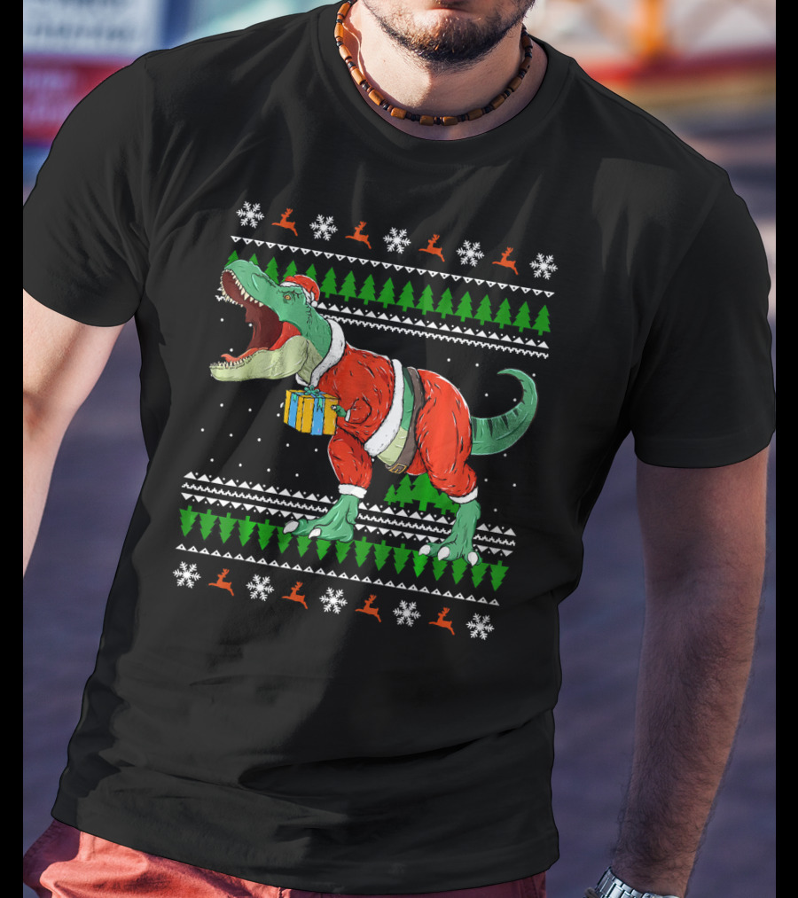 Funny TRex Dino Christmas Santa Holding Gift In Ugly T-Shirt