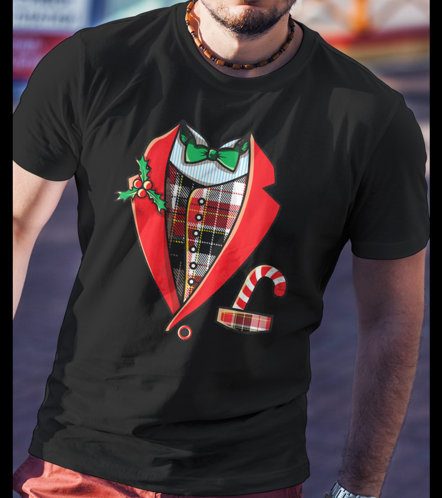 Christmas Tuxedo Plaid Suit Jacket With Green Bow Tie And Candy Cane T-Shirt