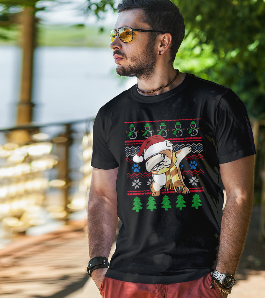 Bulldog Dabbing UglyStyle Santa Hat Christmas Trees Snowmen T-Shirt