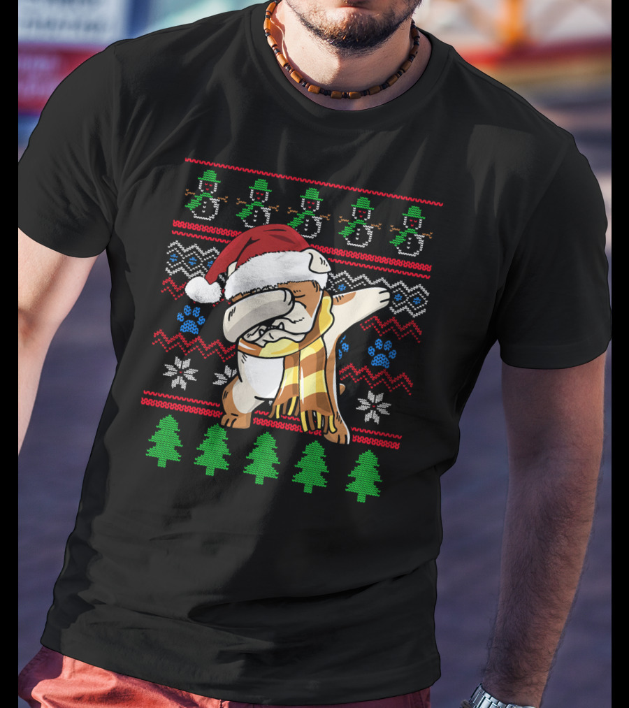 Bulldog Dabbing UglyStyle Santa Hat Christmas Trees Snowmen T-Shirt