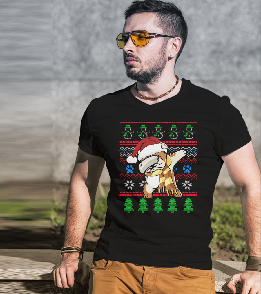 Bulldog Dabbing UglyStyle Santa Hat Christmas Trees Snowmen T-Shirt