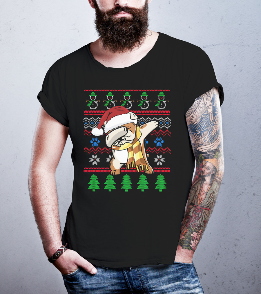 Bulldog Dabbing UglyStyle Santa Hat Christmas Trees Snowmen T-Shirt