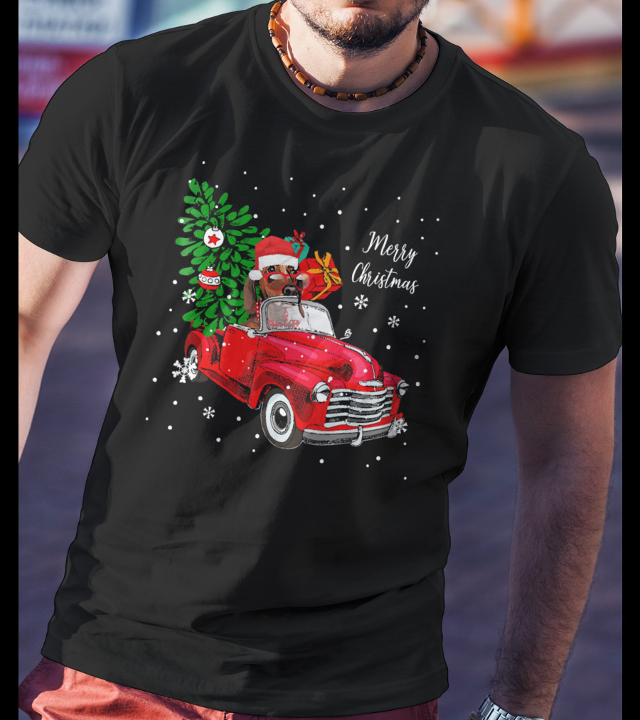 Merry Christmas Santa Dachshund In Red Truck With Gifts And Tree T-Shirt