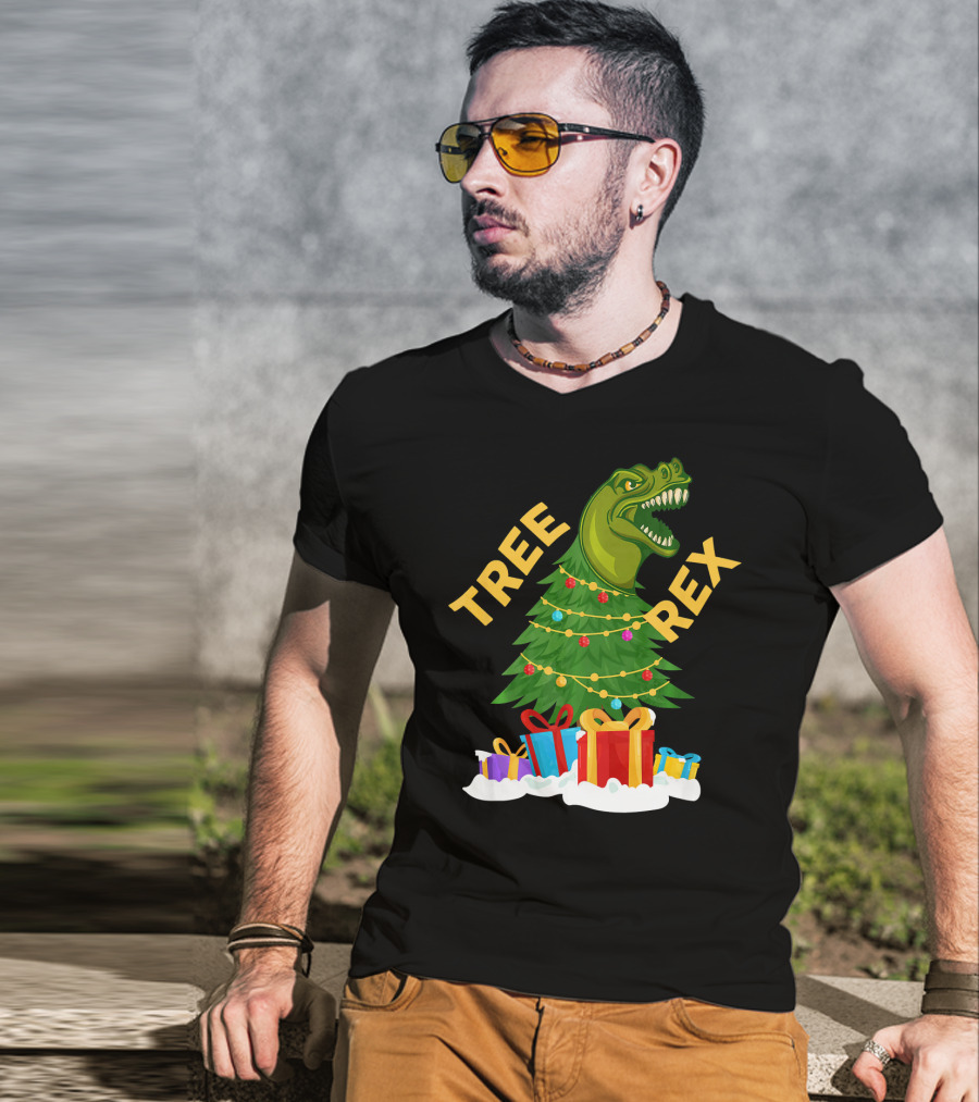 Tree Rex Christmas Dinosaur With Presents And Decorations T-Shirt