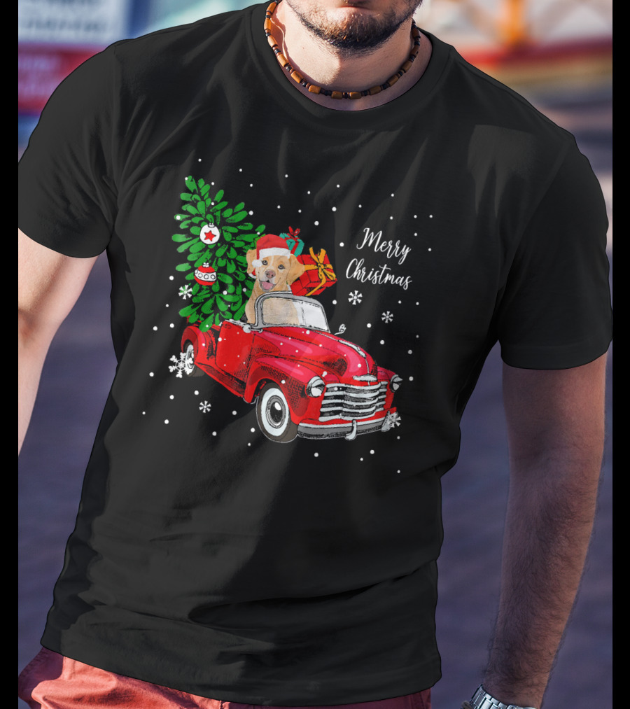 Merry Christmas Santa Labrador Dog Riding Red Truck With Presents And Tree T-Shirt