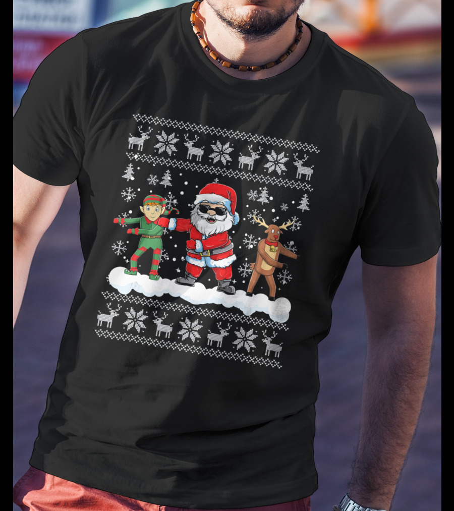 Santa Floss ChristmasSanta Elf Reindeer Dance Snowflakes T-Shirt