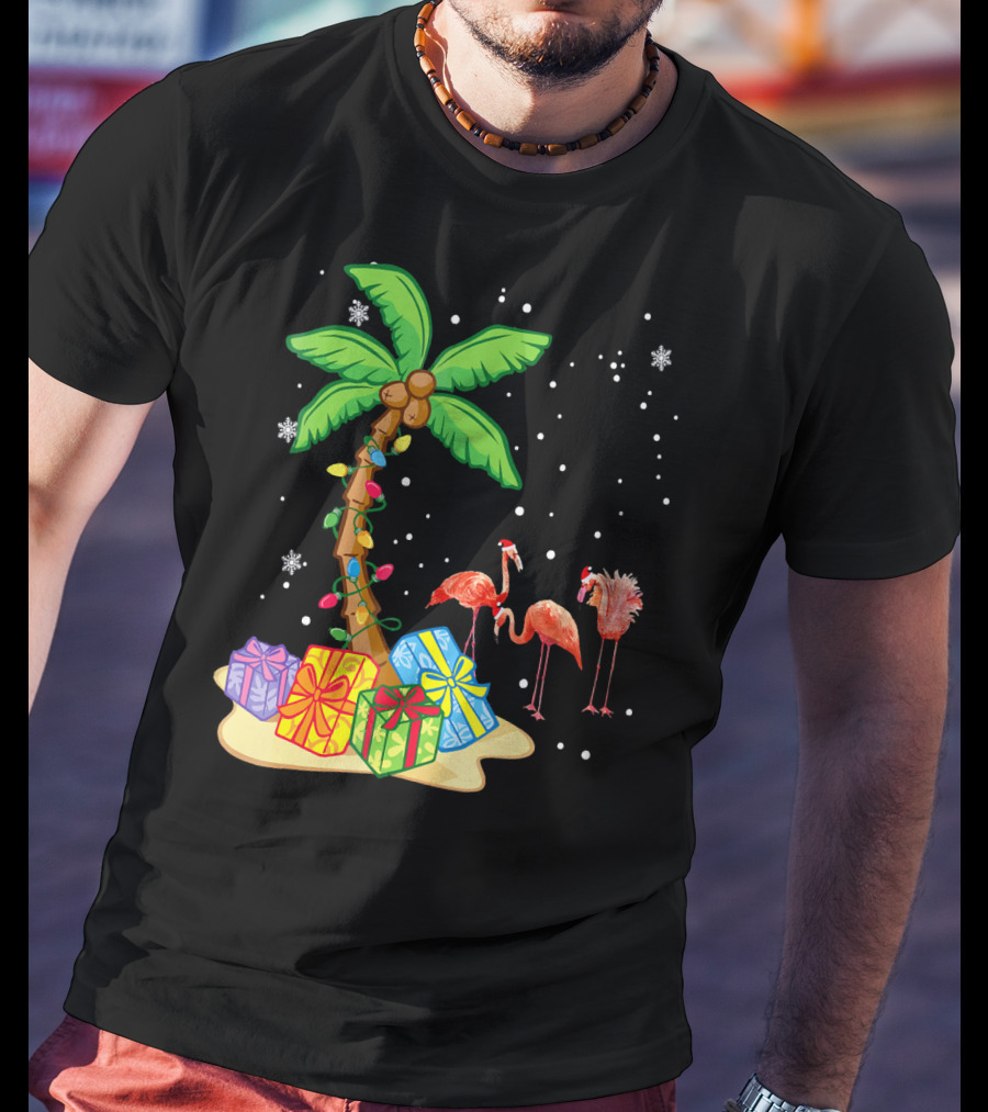 Flamingo Christmas Palm Tree Snow Presents T-Shirt