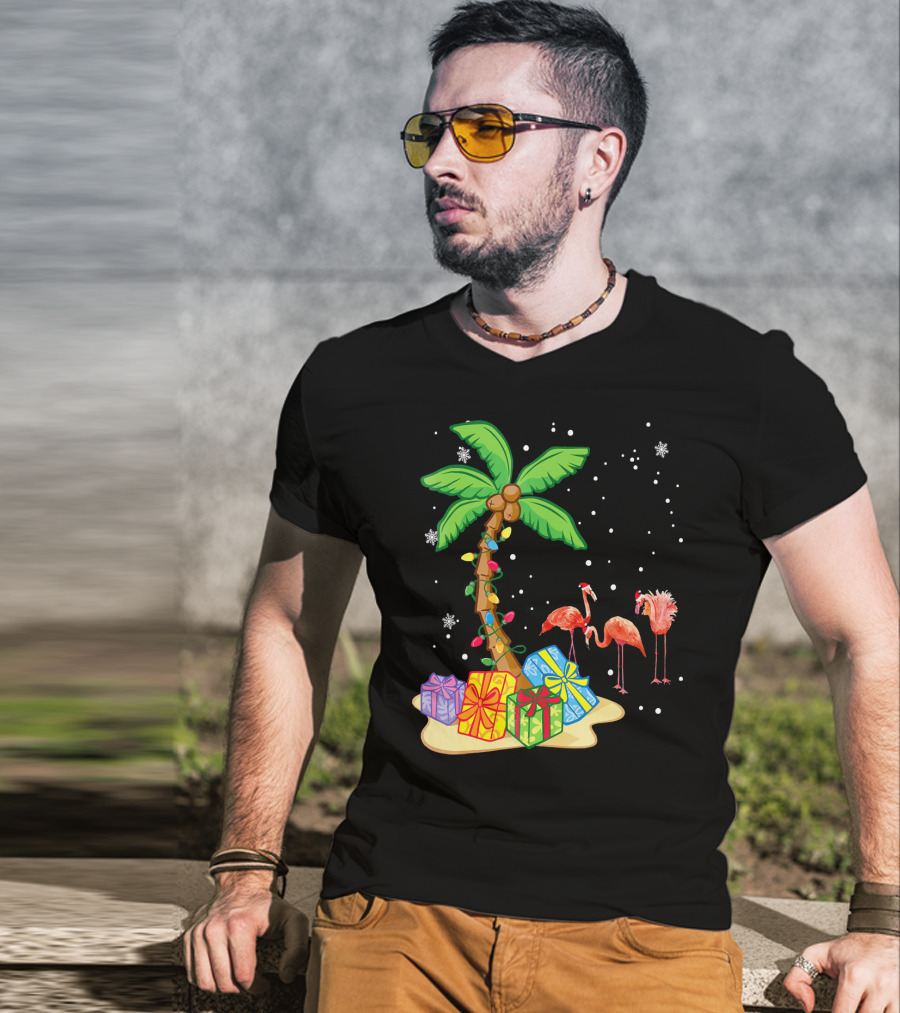 Flamingo Christmas Palm Tree Snow Presents T-Shirt