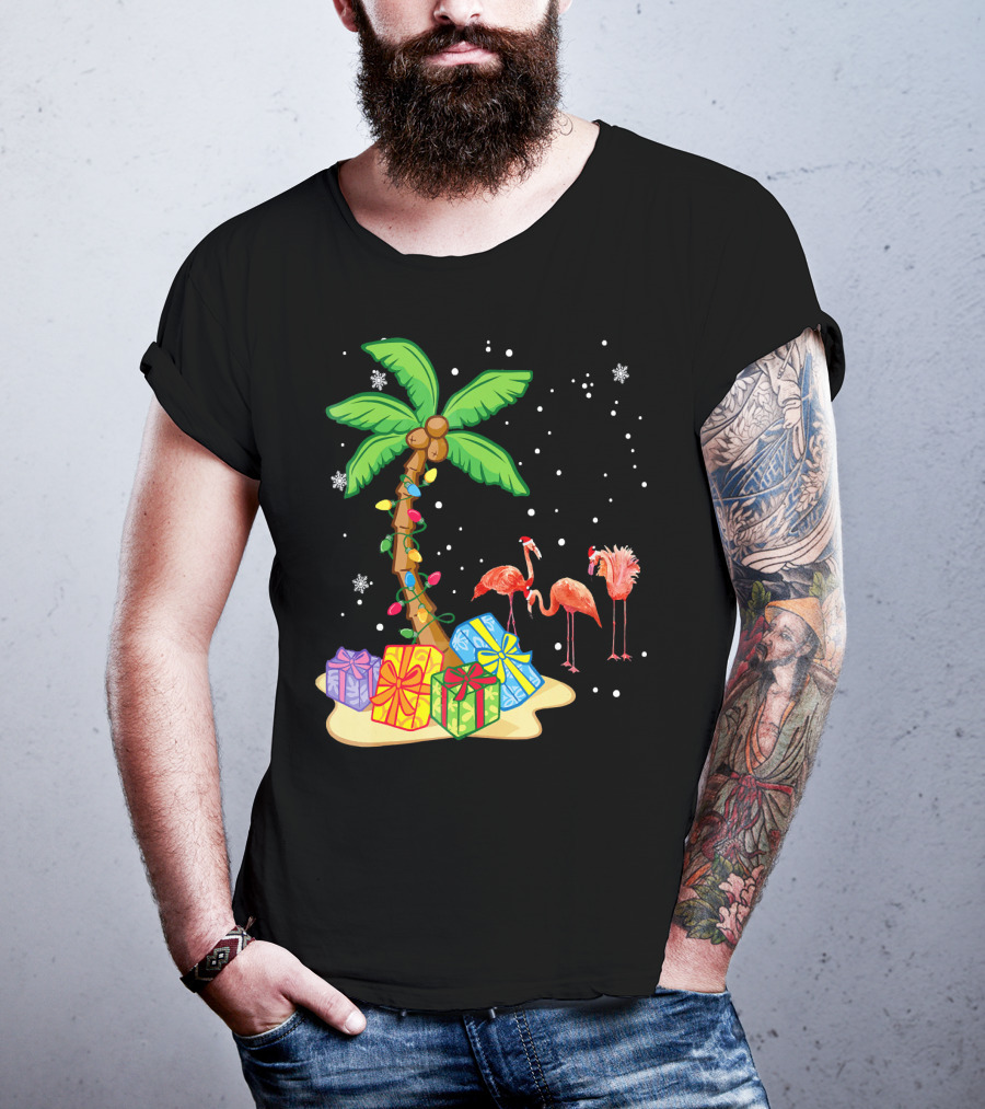 Flamingo Christmas Palm Tree Snow Presents T-Shirt