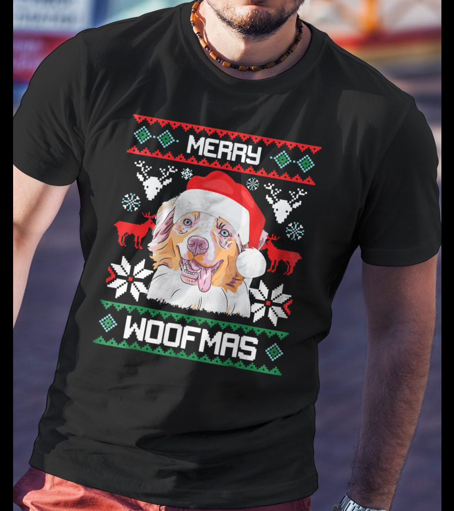 Merry Woofmas Australian Shepherd With Santa Hat And Christmas Motifs T-Shirt