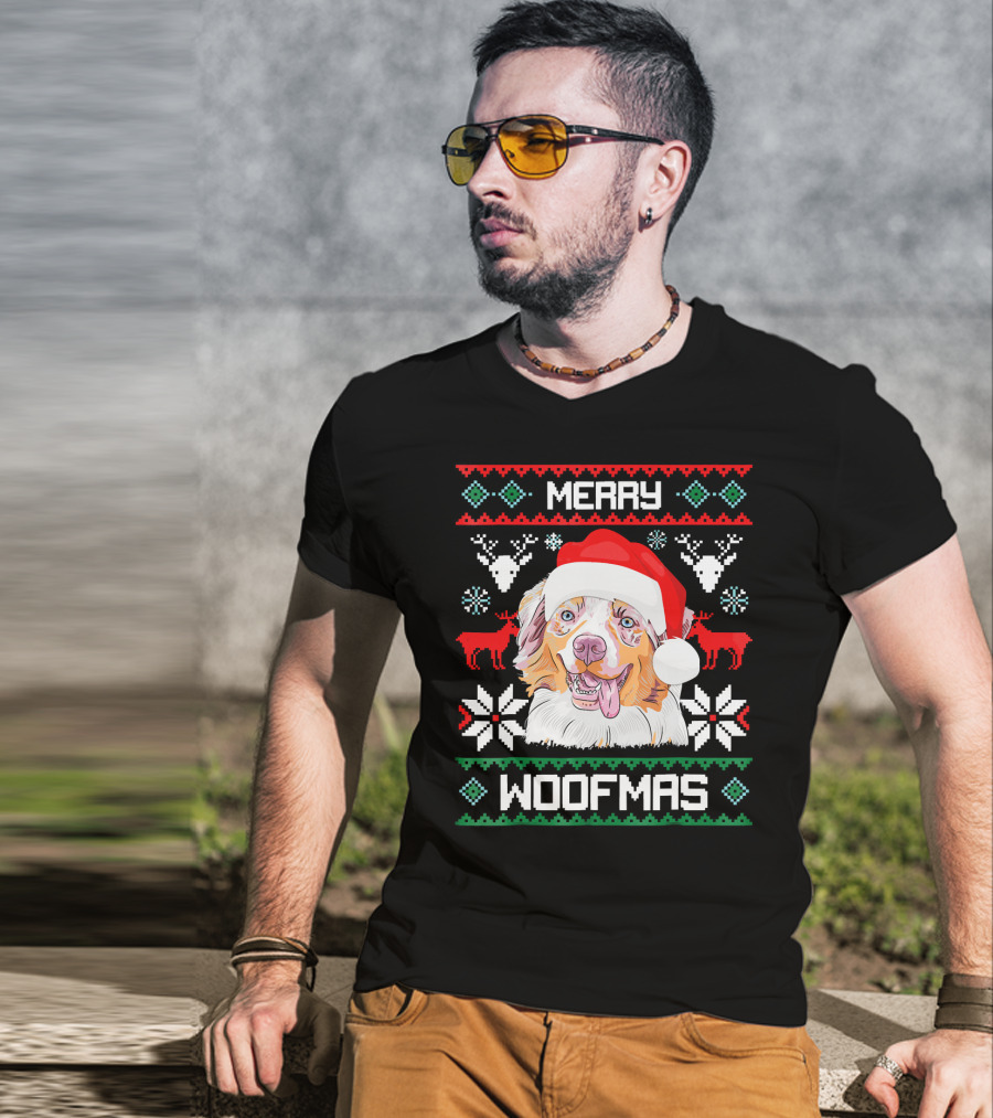 Merry Woofmas Australian Shepherd With Santa Hat And Christmas Motifs T-Shirt