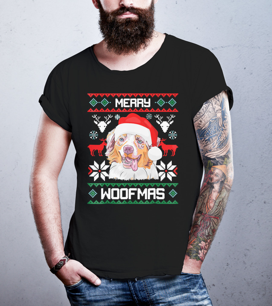 Merry Woofmas Australian Shepherd With Santa Hat And Christmas Motifs T-Shirt