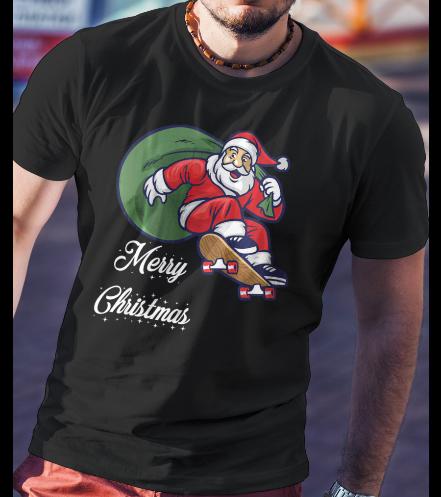 Merry Christmas Santa Claus Skating With Gift Sack T-Shirt
