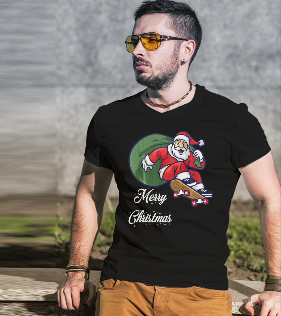 Merry Christmas Santa Claus Skating With Gift Sack T-Shirt
