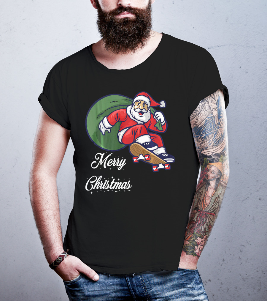 Merry Christmas Santa Claus Skating With Gift Sack T-Shirt