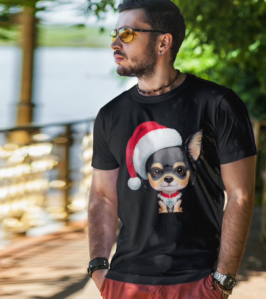 Festive Black And Tan Long Haired Chihuahua Santa Hat T-Shirt