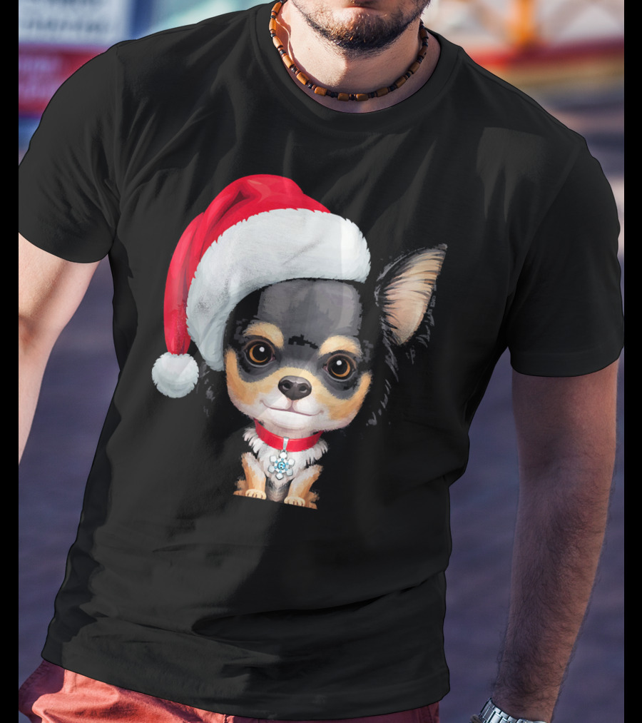 Festive Black And Tan Long Haired Chihuahua Santa Hat T-Shirt