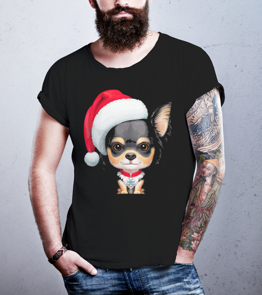 Festive Black And Tan Long Haired Chihuahua Santa Hat T-Shirt