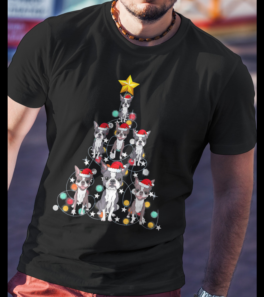 Santa Boston Terrier Christmas Tree Star Puppies T-Shirt