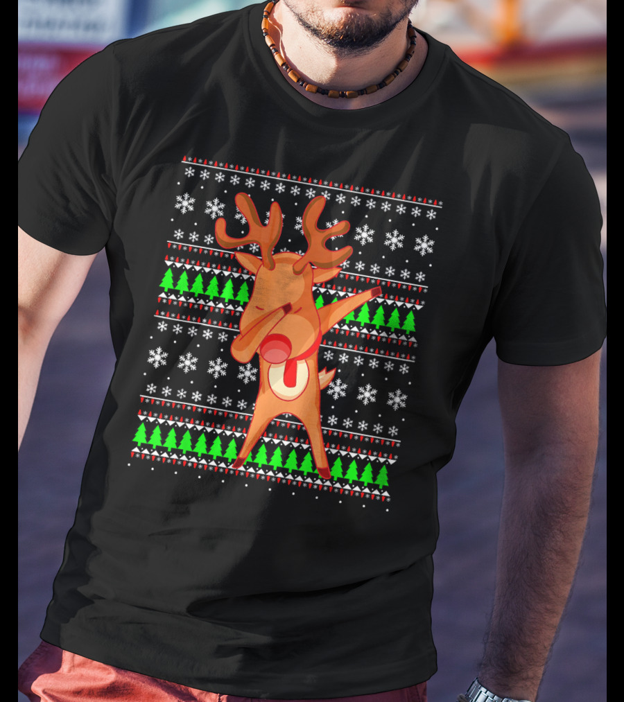 Dabbing Red Nose Reindeer Snowflakes Christmas Trees Ugly T-Shirt