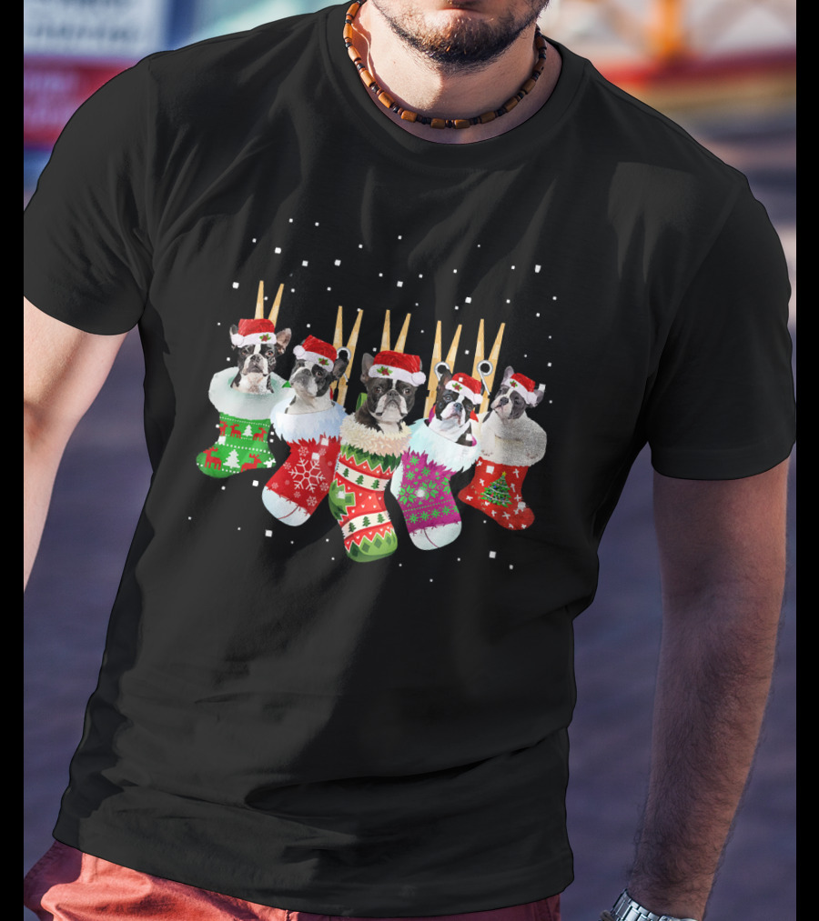Christmas Boston Terrier Santa Hat Stockings T-Shirt