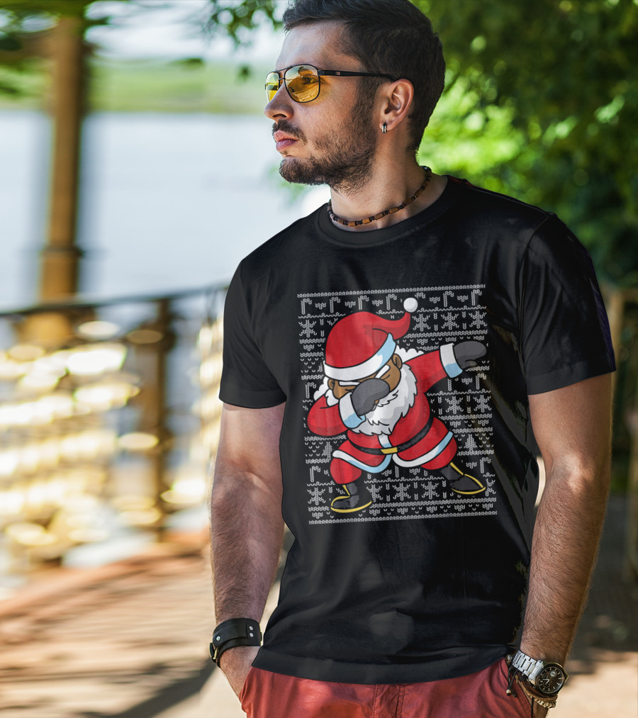 Dabbing Black Santa Ugly Christmas T-Shirt