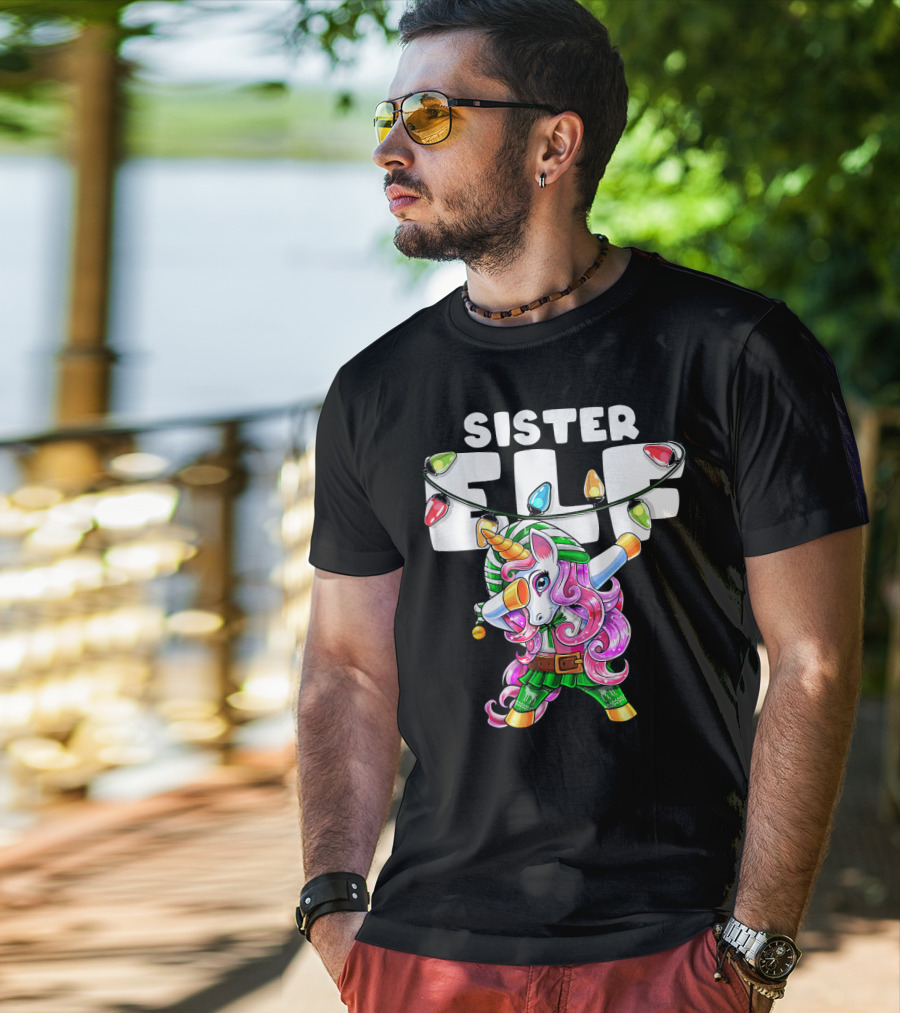 Sister Elf Christmas Dabbing Unicorn With Holiday Lights T-Shirt