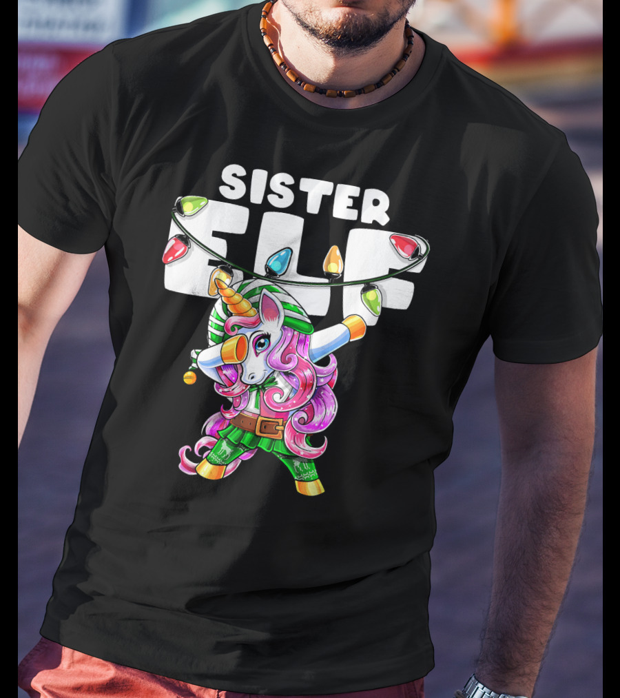 Sister Elf Christmas Dabbing Unicorn With Holiday Lights T-Shirt